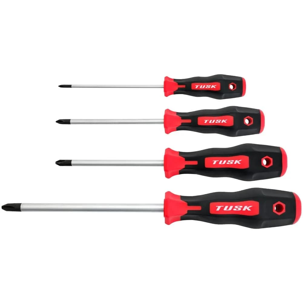 TUSK JIS Screwdriver Set 4 Piece #0, #1, #2, #3 | Magnetic Tips & Ergonomic Grips — Red