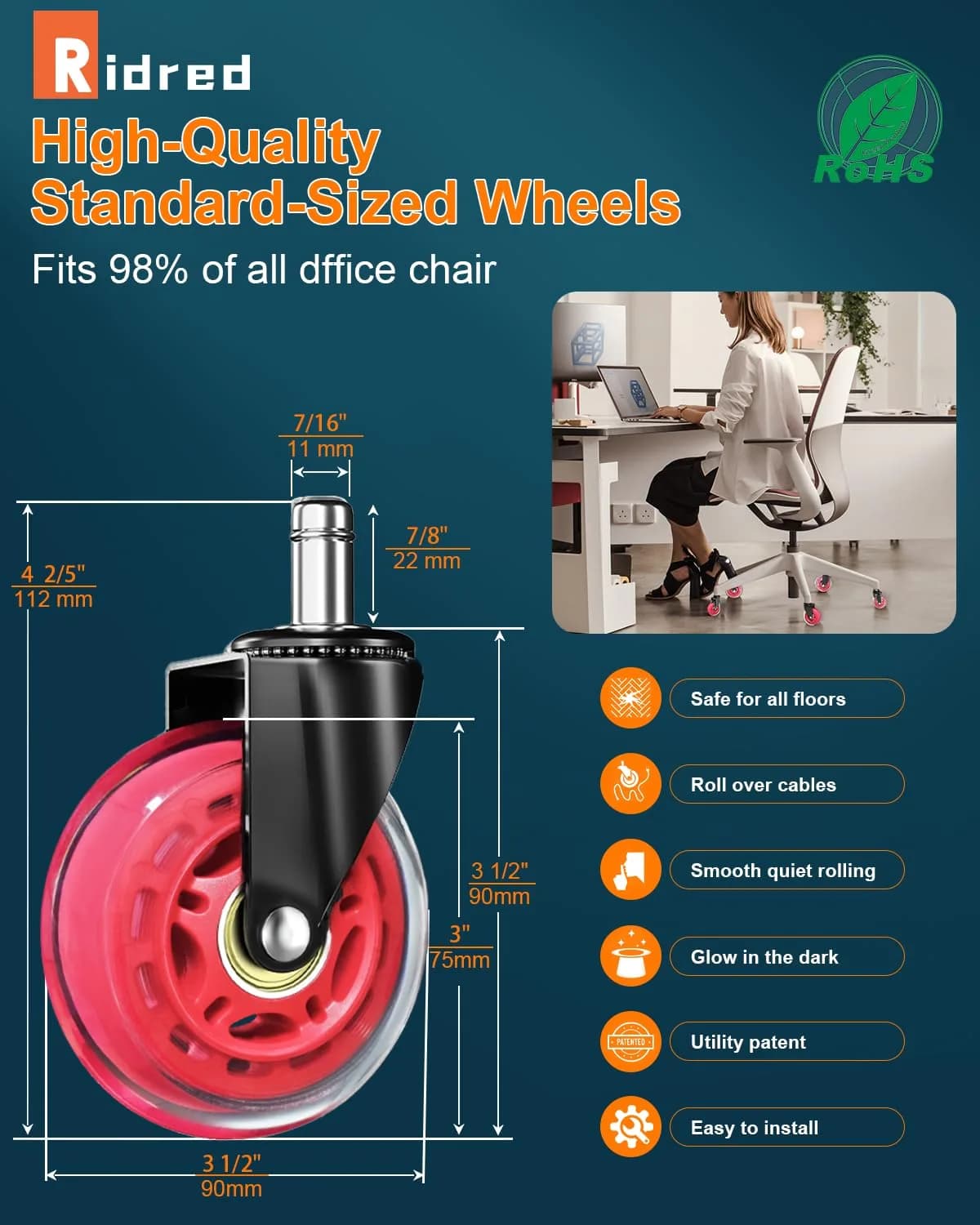 RidRed Red Industrial Caster Wheels (5-Pack) | Smooth Rolling Office Chair Upgrade - view 6