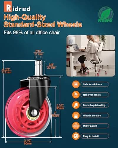 RidRed Heavy-Duty Office Chair Wheels - 5-Pack, 3-Inch Diameter, Red | Smooth Rolling, Noise-Free, Universal Fit thumbnail 6