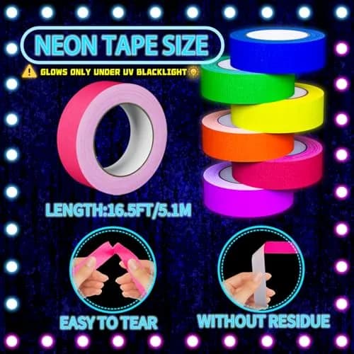SWRT Neon Gaffer Cloth Tape 6 Rolls, 0.6 in x 16.5 Ft Each | UV Reactive for Parties & Decor thumbnail 2