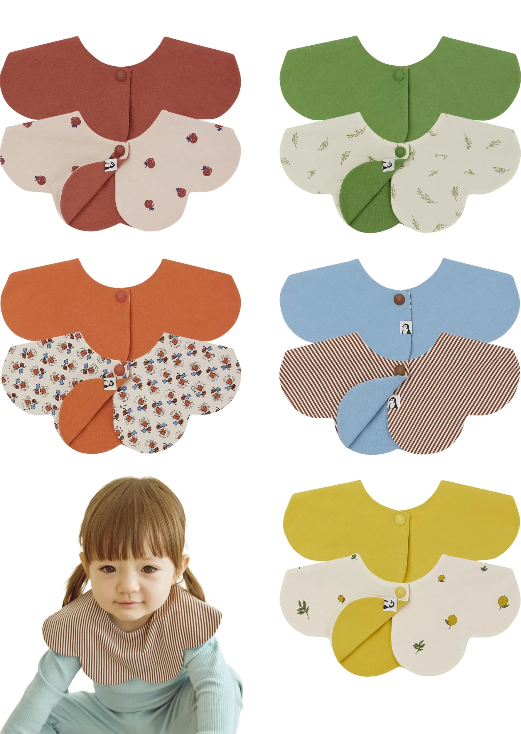 Konny Baby Bibs for Drooling Boys & Girls, Super Absorbent Quick Dry 5-Pack | 360° Rotating, Reversible, Snap Closure — Reversible/Orange Flower, Forest Leaf, Yellow Lemon, Brick Apple, Blue Choco