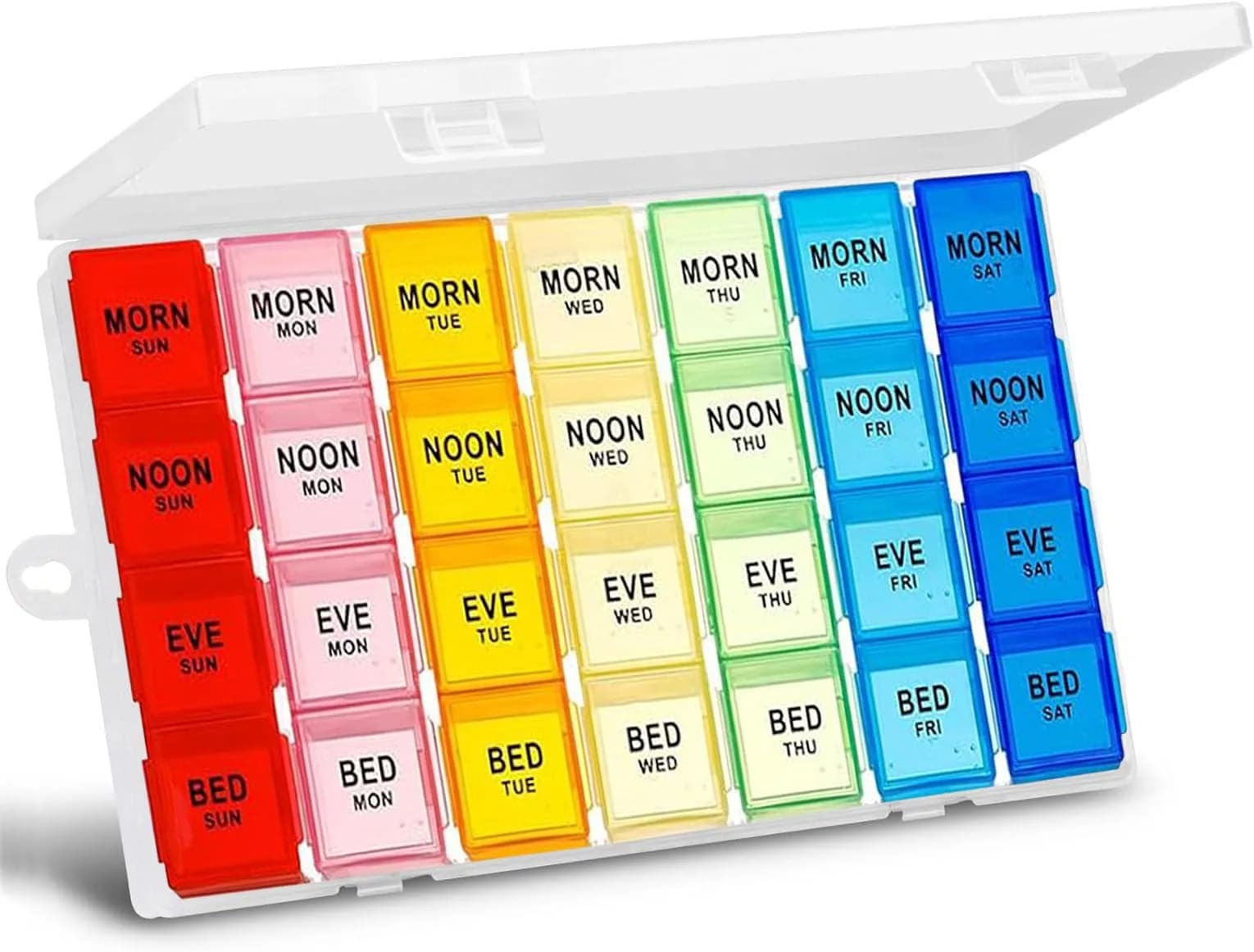 Acquwistach Extra Large Pill Box Weekly Organizer 28 Days | 4 Compartments per Day, Big Storage, Locking Design — Clear