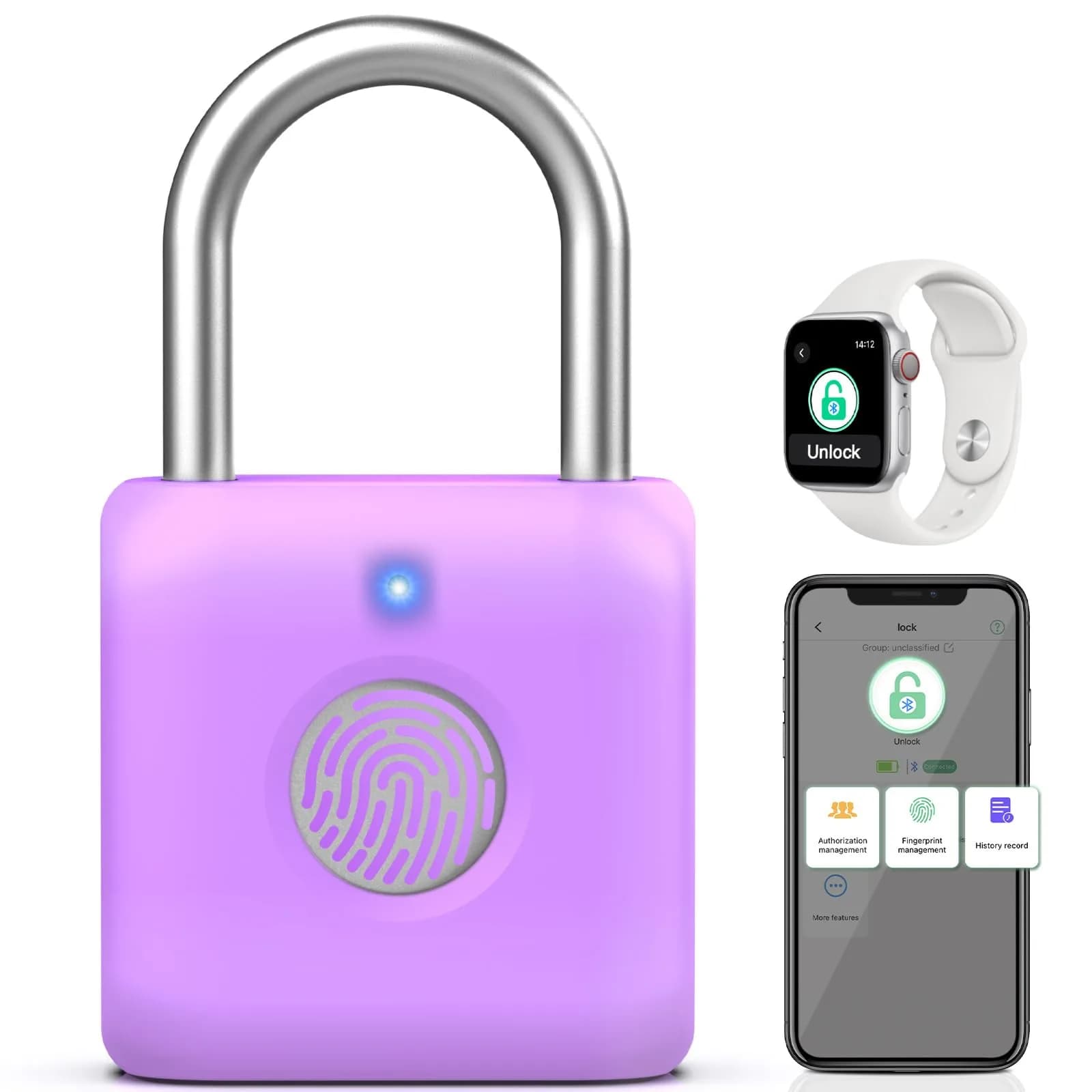 Pothunder Fingerprint Padlock, Smart Lock, Locker Lock, APP Unlock, USB Rechargeable, Lavender Purple | High Recognition Rate — Lavender Purple