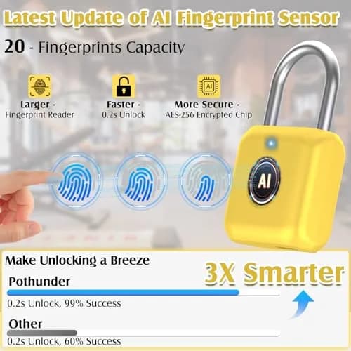 Pothunder Fingerprint Padlock, Smart Lock with APP Unlock, USB Rechargeable, Suitable for Gym Locker, Locker (Lemon Yellow) | Biometric Security thumbnail 3