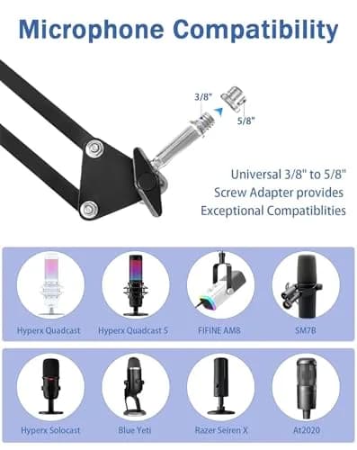 BILIONE Versatile Boom Arm Stand for Desk, Adjustable Microphone Stand Kit with Pop Filter, Shock Mount, Mic Clip, Cable Ties, Table Clamp (Black) thumbnail 6