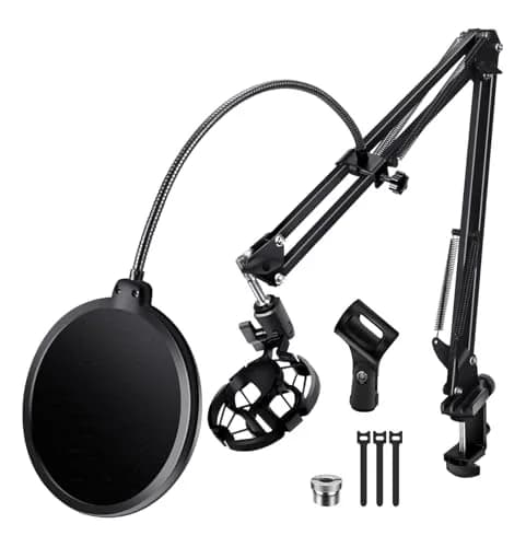 BILIONE Versatile Boom Arm Stand for Desk, Adjustable Microphone Stand Kit with Pop Filter, Shock Mount, Mic Clip, Cable Ties, Table Clamp (Black) thumbnail 1