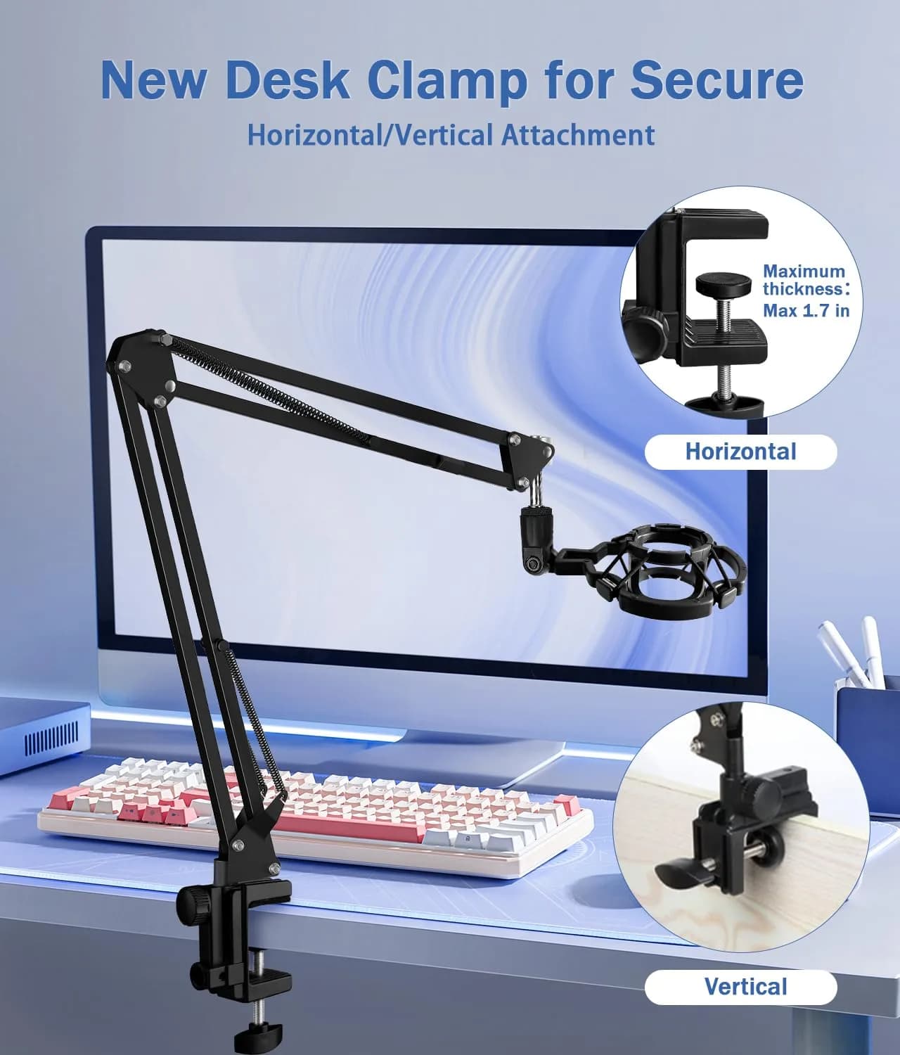 BILIONE Versatile Boom Arm Stand for Desk, Adjustable Microphone Stand Kit with Pop Filter, Shock Mount, Mic Clip, Cable Ties, Table Clamp (Black) - view 2