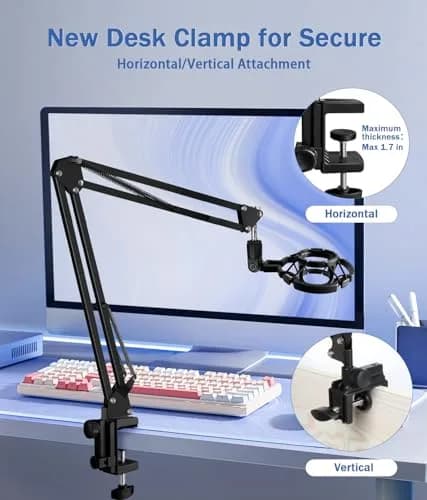 BILIONE Versatile Boom Arm Stand for Desk, Adjustable Microphone Stand Kit with Pop Filter, Shock Mount, Mic Clip, Cable Ties, Table Clamp (Black) thumbnail 2