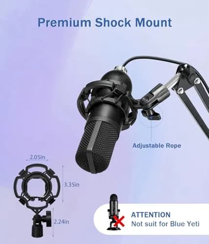 BILIONE Versatile Boom Arm Stand for Desk, Adjustable Microphone Stand Kit with Pop Filter, Shock Mount, Mic Clip, Cable Ties, Table Clamp (Black) thumbnail 3