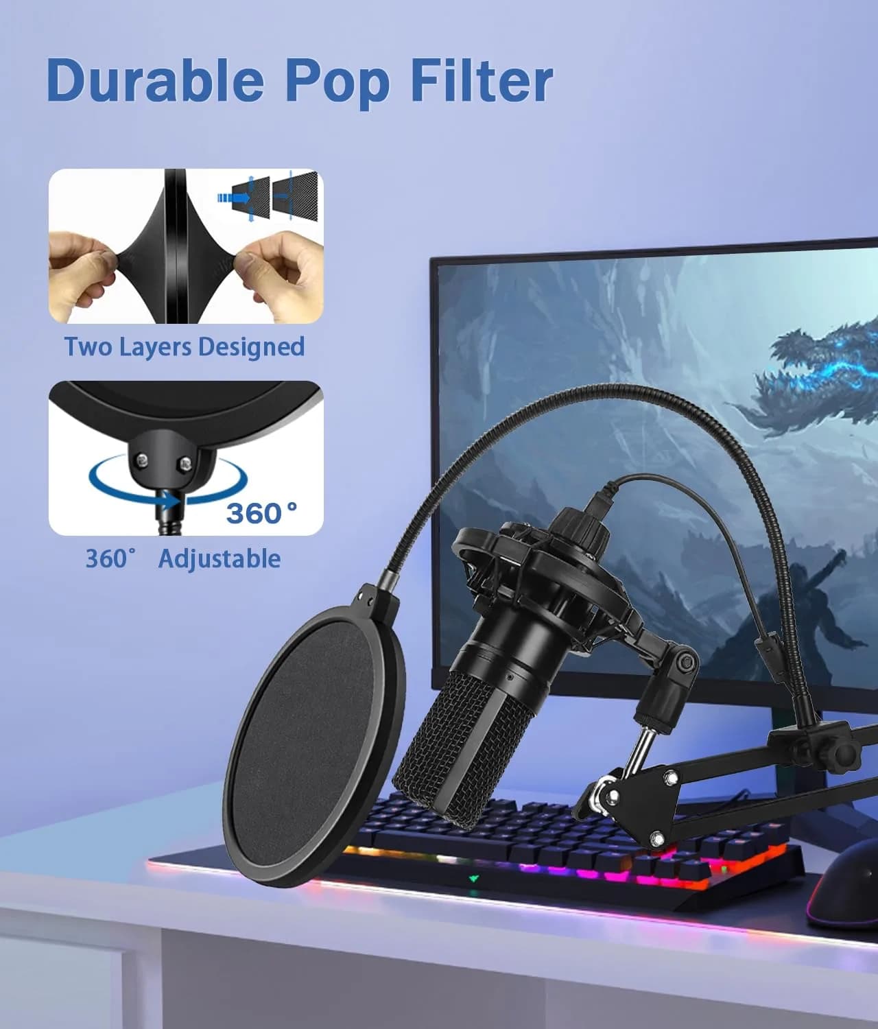 BILIONE Versatile Boom Arm Stand for Desk, Adjustable Microphone Stand Kit with Pop Filter, Shock Mount, Mic Clip, Cable Ties, Table Clamp (Black) - view 4