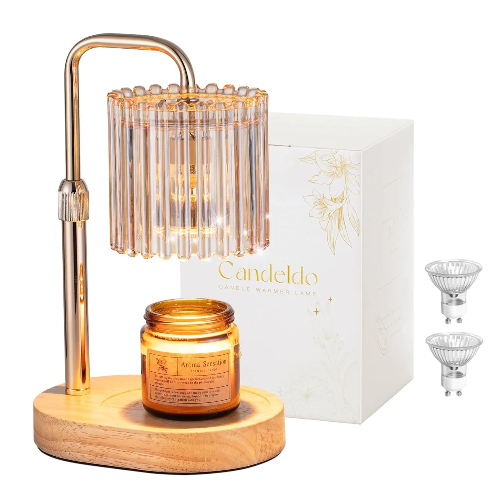 Candeldo Candle Warmer Lamp with Timer: Amber Metal & Glass, Adjustable Height, Safe & Smoke-Free (70-120 chars)