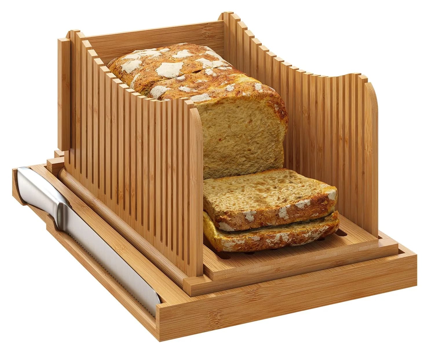Vriccc Large Bamboo Bread Slicer with Serrated Knife | Adjustable 3 Thickness Sizes, Foldable & Compact (16"L x 10.6"W)