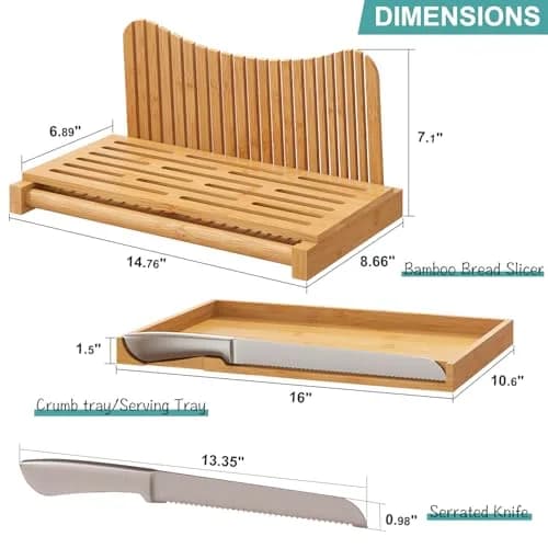 Vriccc Large Bamboo Bread Slicer with Serrated Knife | Adjustable 3 Thickness Sizes, Foldable & Compact (16"L x 10.6"W) thumbnail 6