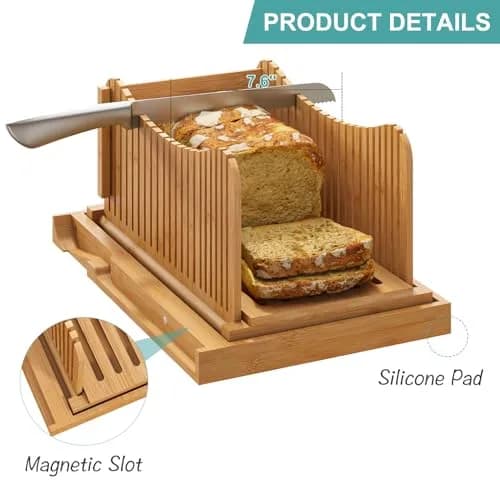 Vriccc Large Bamboo Bread Slicer with Serrated Knife | Adjustable 3 Thickness Sizes, Foldable & Compact (16"L x 10.6"W) thumbnail 3