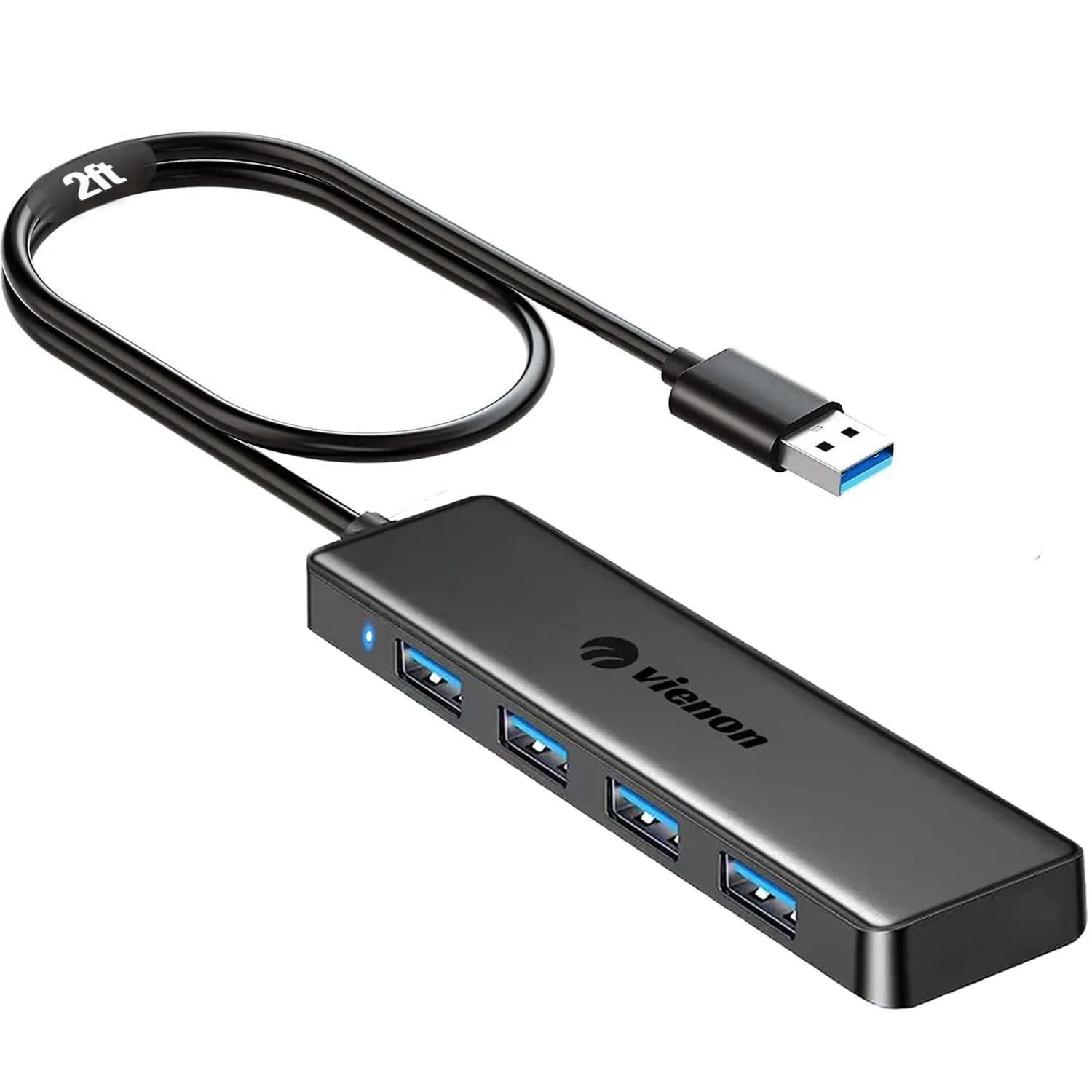 VIENON USB 3.0 Hub 4-Port 5Gbps | 12.7 cm (0.5 in) Slim Body, Plug & Play — 2FT