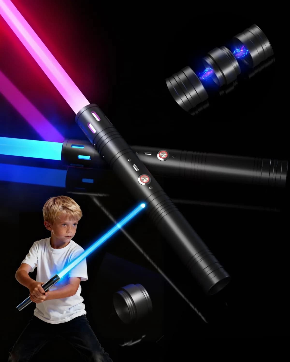 Viglaschill Dueling Lightsaber Set with Metal Hilt & Detachable Double Blades | RGB 15 Color, FX Sound, USB-C Rechargeable for Kids