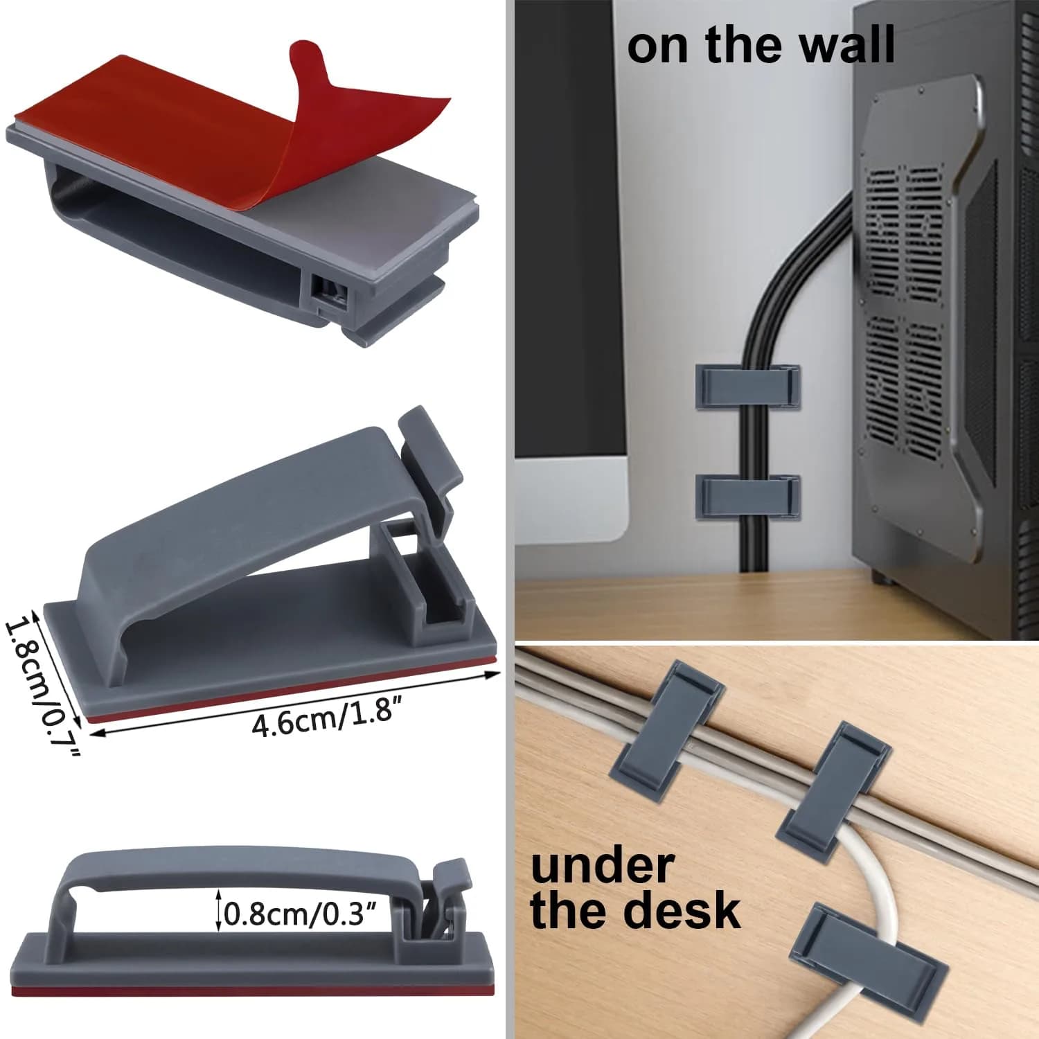 SOULWIT Self Adhesive Cable Management Clips Grey 50Pcs | Organizes TV PC Ethernet Cables Under Desk - view 5