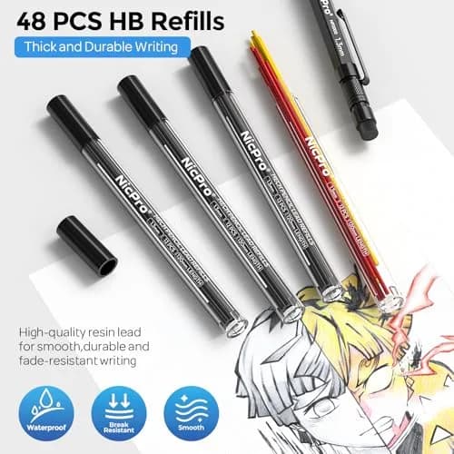 Nicpro 1.3mm Mechanical Pencils Set with 48 Lead Refills & 3 Erasers | 3-Pack (Black, Yellow, Red) | 0.21 kg (7.8 oz) thumbnail 4