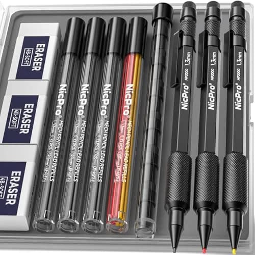 Nicpro 1.3mm Mechanical Pencils Set with 48 Lead Refills & 3 Erasers | 3-Pack (Black, Yellow, Red) | 0.21 kg (7.8 oz) thumbnail 1