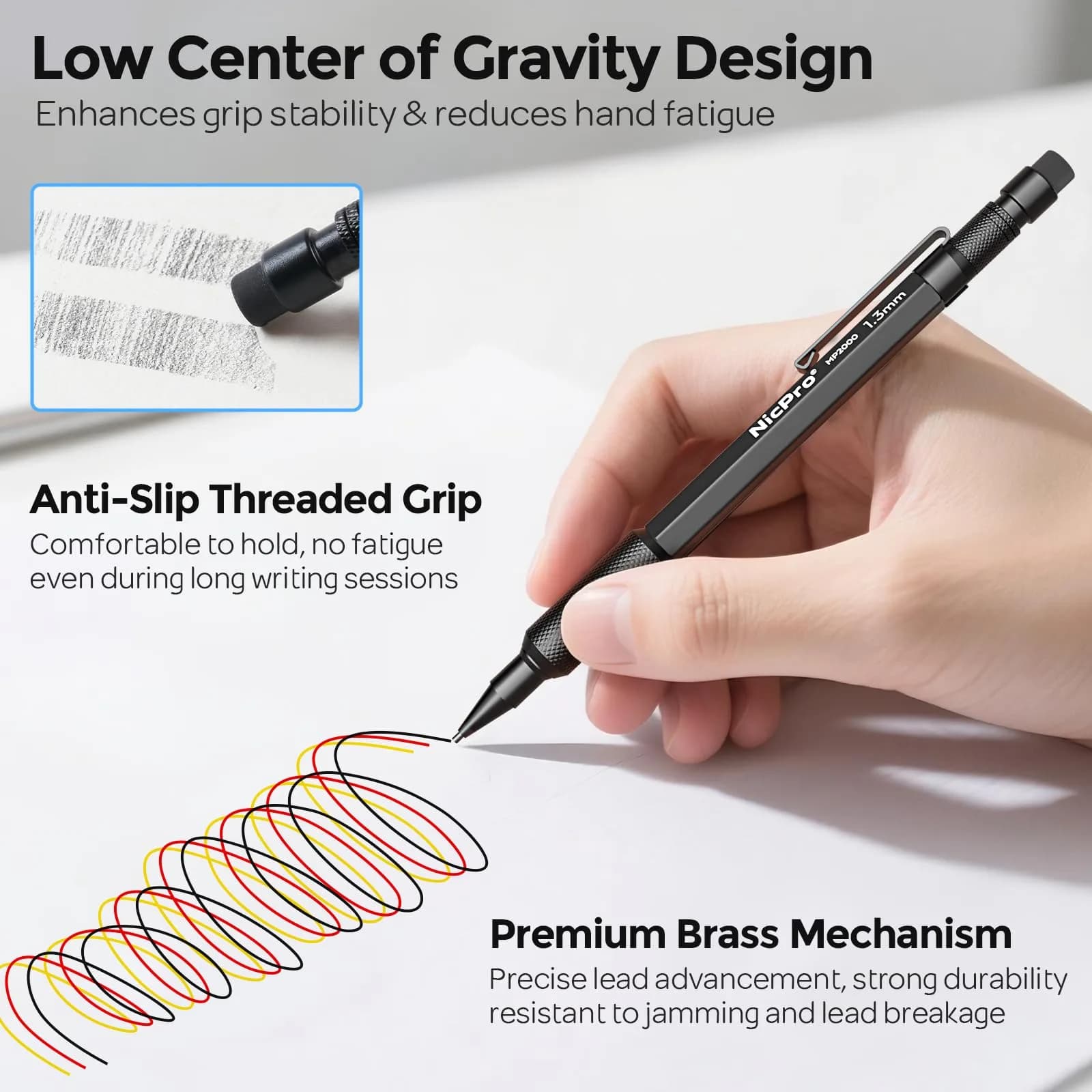 Nicpro 1.3mm Mechanical Pencils Set with 48 Lead Refills & 3 Erasers | 3-Pack (Black, Yellow, Red) | 0.21 kg (7.8 oz) - view 3
