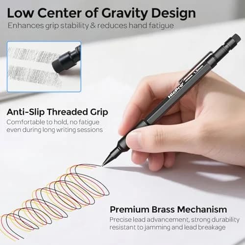 Nicpro 1.3mm Mechanical Pencils Set with 48 Lead Refills & 3 Erasers | 3-Pack (Black, Yellow, Red) | 0.21 kg (7.8 oz) thumbnail 3
