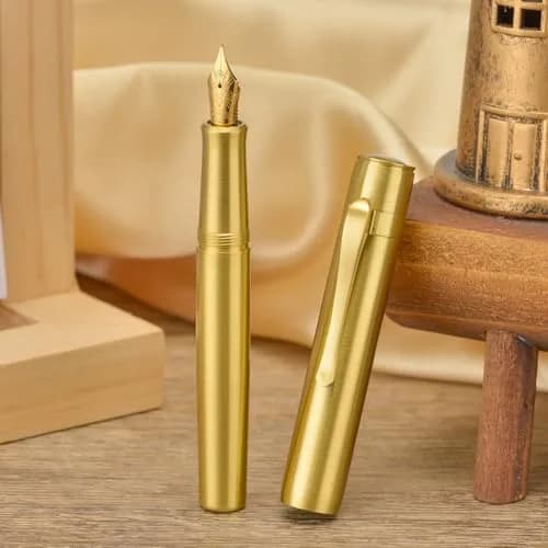 HONG DIAN M2 Mini Brass Fountain Pen with Extra Fine Soft Golden Nib | Sleek Travel Pocket Pen (105mm, Glossy Brass) thumbnail 4