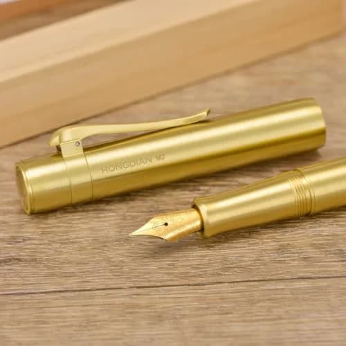 HONG DIAN M2 Mini Brass Fountain Pen with Extra Fine Soft Golden Nib | Sleek Travel Pocket Pen (105mm, Glossy Brass) thumbnail 5