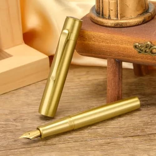 HONG DIAN M2 Mini Brass Fountain Pen with Extra Fine Soft Golden Nib | Sleek Travel Pocket Pen (105mm, Glossy Brass) thumbnail 7