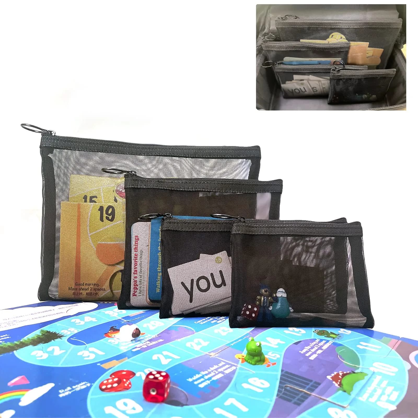 patu Zipper Mesh Bags Set of 5 (XS/S/M/L & Long Pouch) Black | Lightweight Travel Toiletry Organizer - view 7