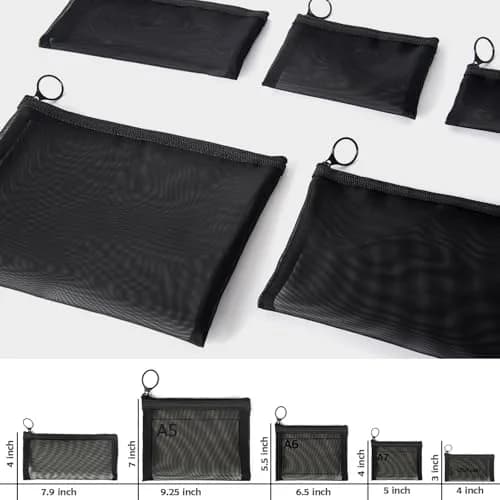 patu Zipper Mesh Bags Set of 5 (XS/S/M/L & Long Pouch) Black | Lightweight Travel Toiletry Organizer thumbnail 3