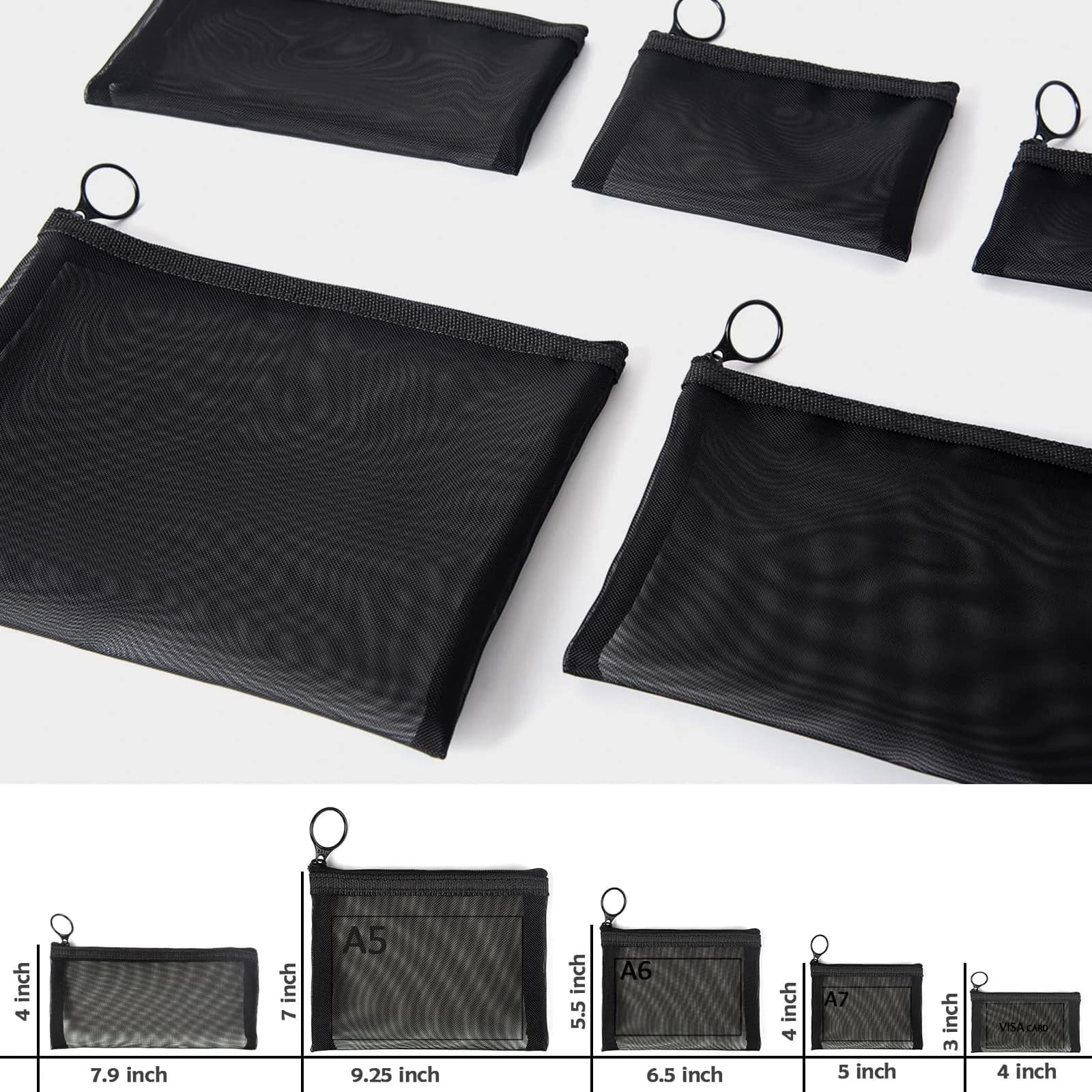 patu Zipper Mesh Bags Set of 5 (XS/S/M/L & Long Pouch) Black | Lightweight Travel Toiletry Organizer - view 3