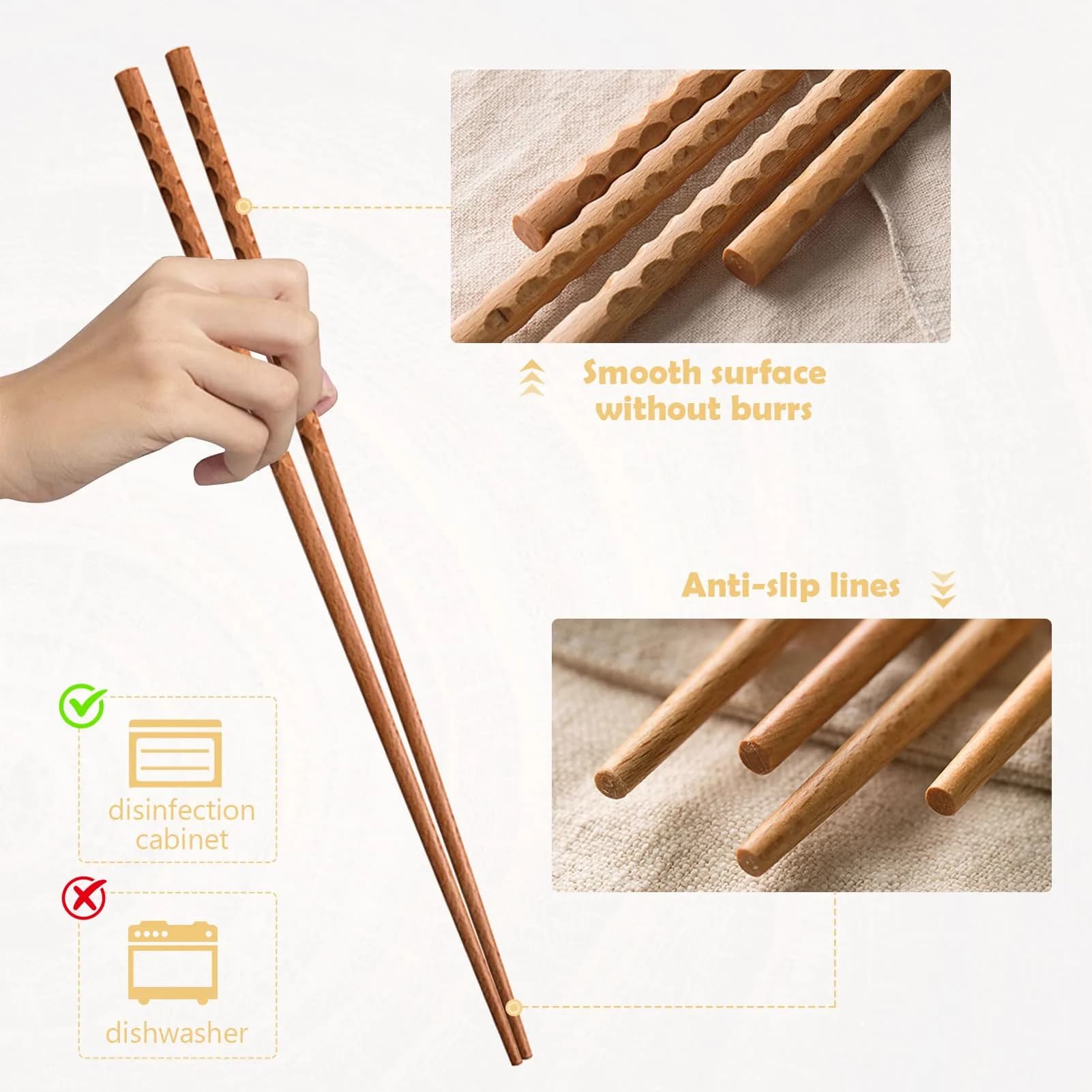 Rockhouse 12.6 Inch Beech Wood Cooking Chopsticks (2 Pairs) | Anti-Slip Texture for Frying & Hotpot - view 2