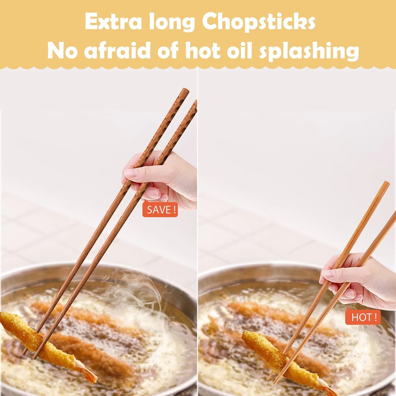 Rockhouse 12.6 Inch Beech Wood Cooking Chopsticks (2 Pairs) | Anti-Slip Texture for Frying & Hotpot - view 3