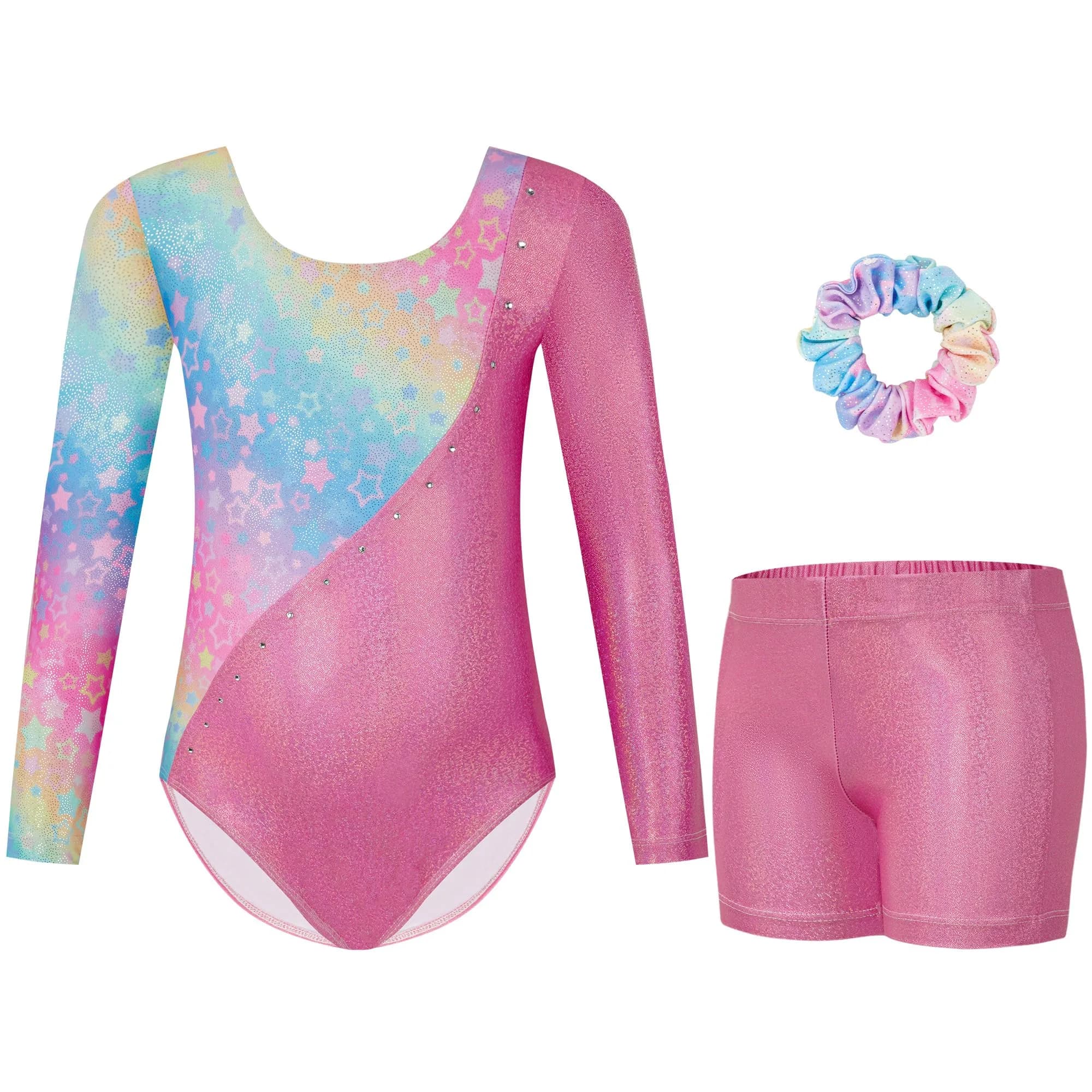 Gogokids Girls Long Sleeve Gymnastics Leotard Set with Shorts & Hairband, 8-9 Years (Purple) — D-pink / 8-9 Years