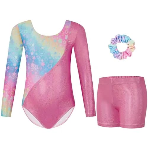 Gogokids Girls Long Sleeve 3 Pcs Gymnastics Leotard Set with Shorts & Hair Scrunchie, 8-9 Years thumbnail 1