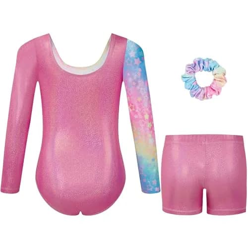 Gogokids Girls Long Sleeve 3 Pcs Gymnastics Leotard Set with Shorts & Hair Scrunchie, 8-9 Years thumbnail 2