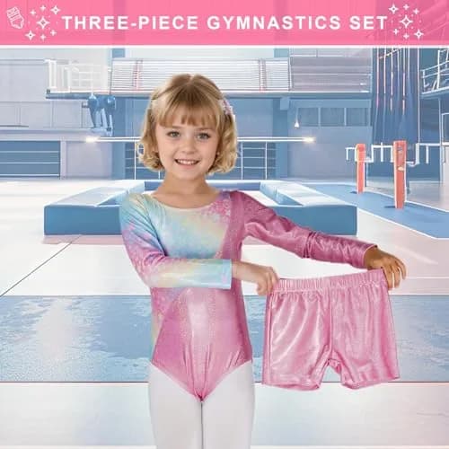 Gogokids Girls Long Sleeve 3 Pcs Gymnastics Leotard Set with Shorts & Hair Scrunchie, 8-9 Years thumbnail 3