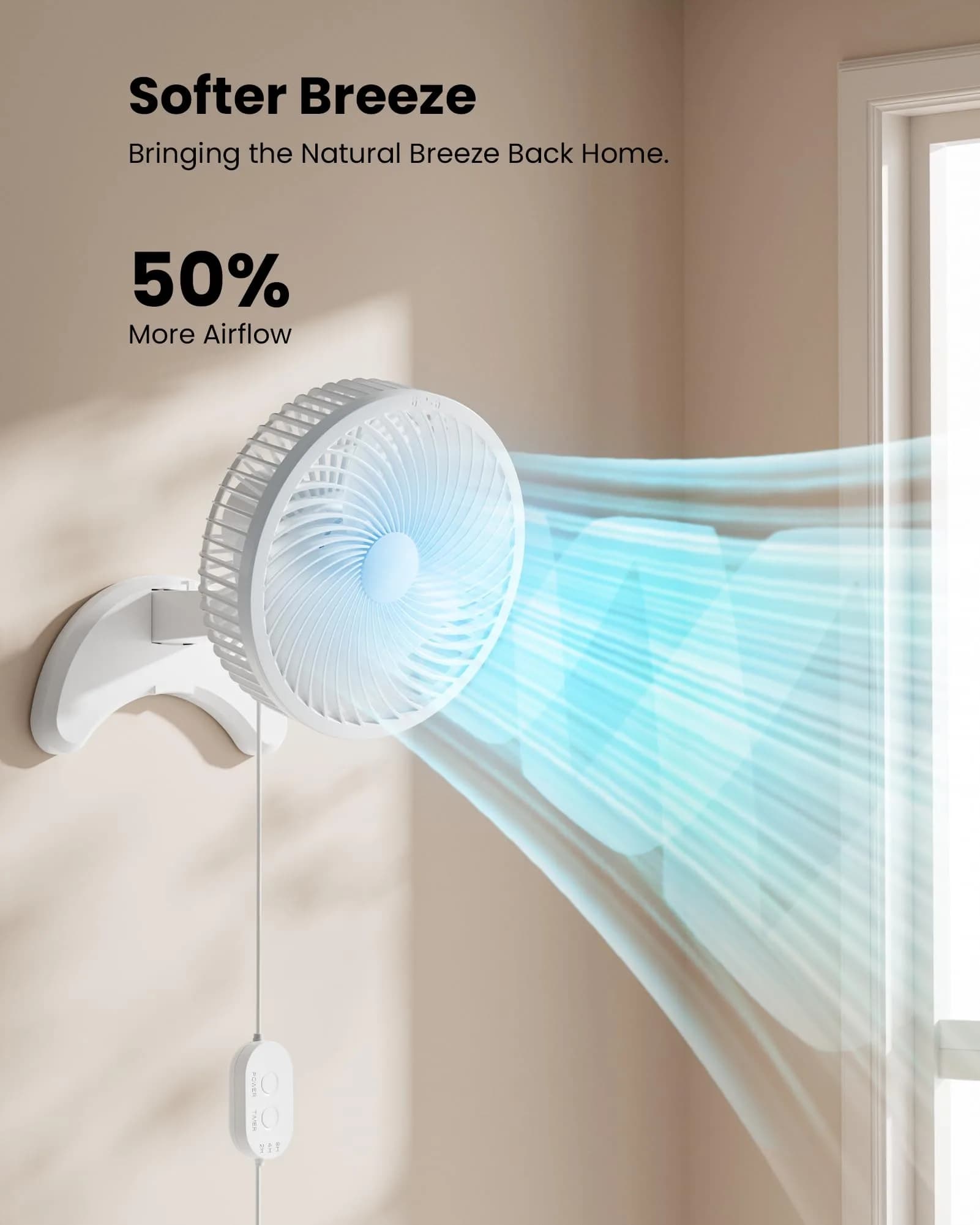 Koonie 8" Wall Mount Fan 35dB Quiet Operation | 3 Speeds, Timer, Remote Control, 10W Energy Efficient - view 3