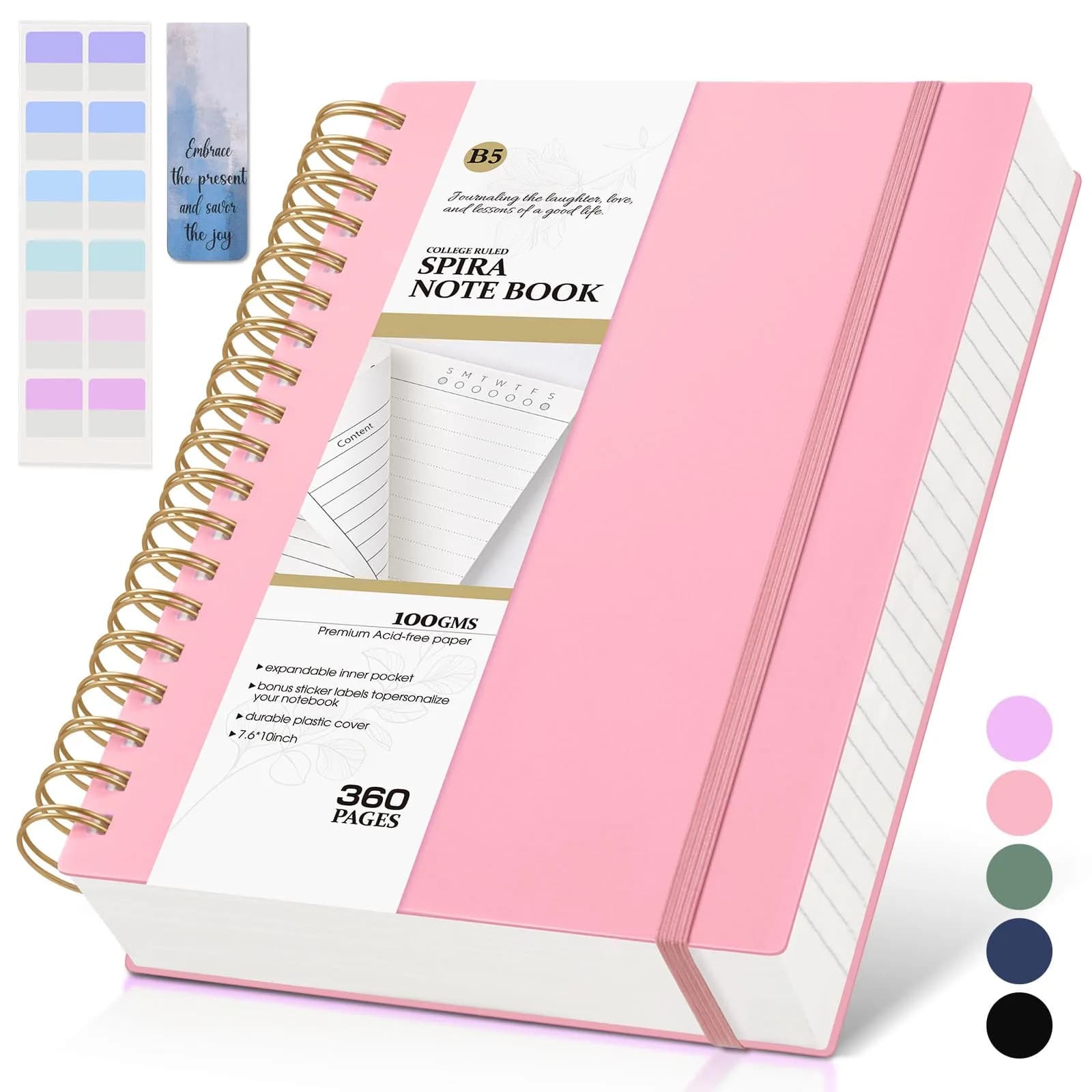 MUAHLIUB Pink Spiral Notebook Journal 360 Pages | Thick College Ruled, Water-Resistant Cover for Writing & School — Pink