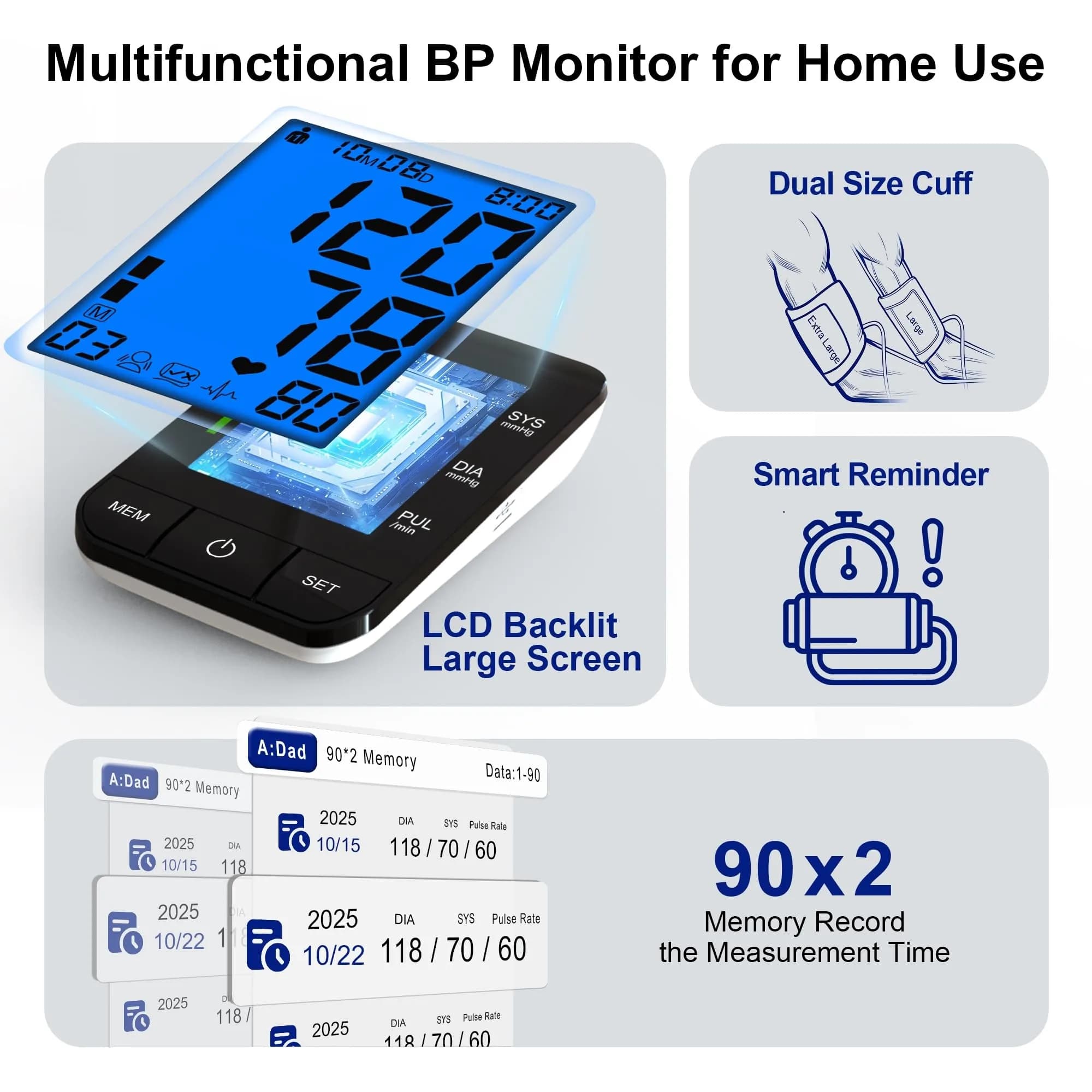 SDUNW Automatic Upper Arm Blood Pressure Monitor with Dual Cuffs | Accurate Home Use - view 3