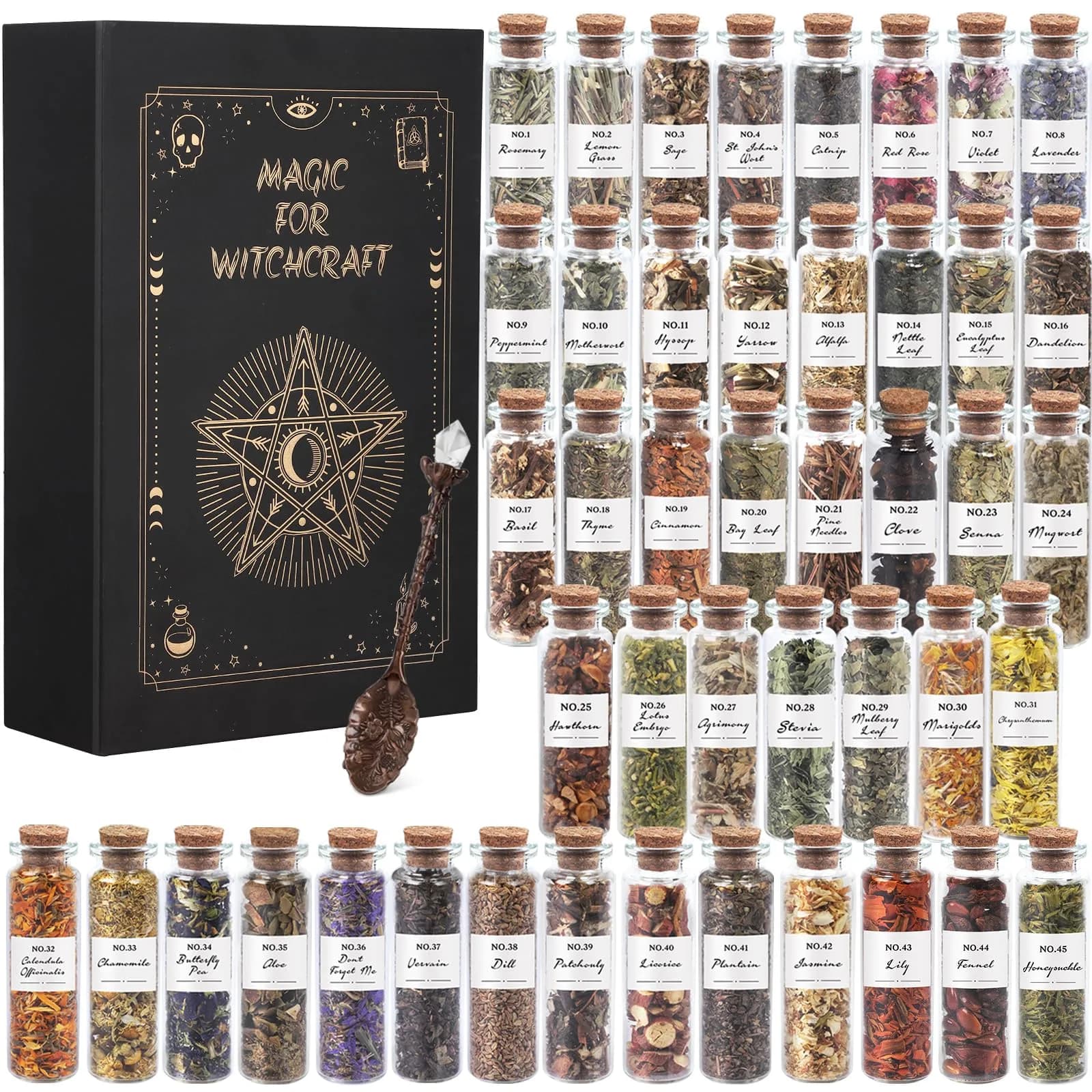 HOOMUU 45-Bottle Dried Herbs Kit for Witchcraft, Wicca Altar and Magic Spells | Natural Organic Herbs for Rituals and Spells — Assorted Natural Colors