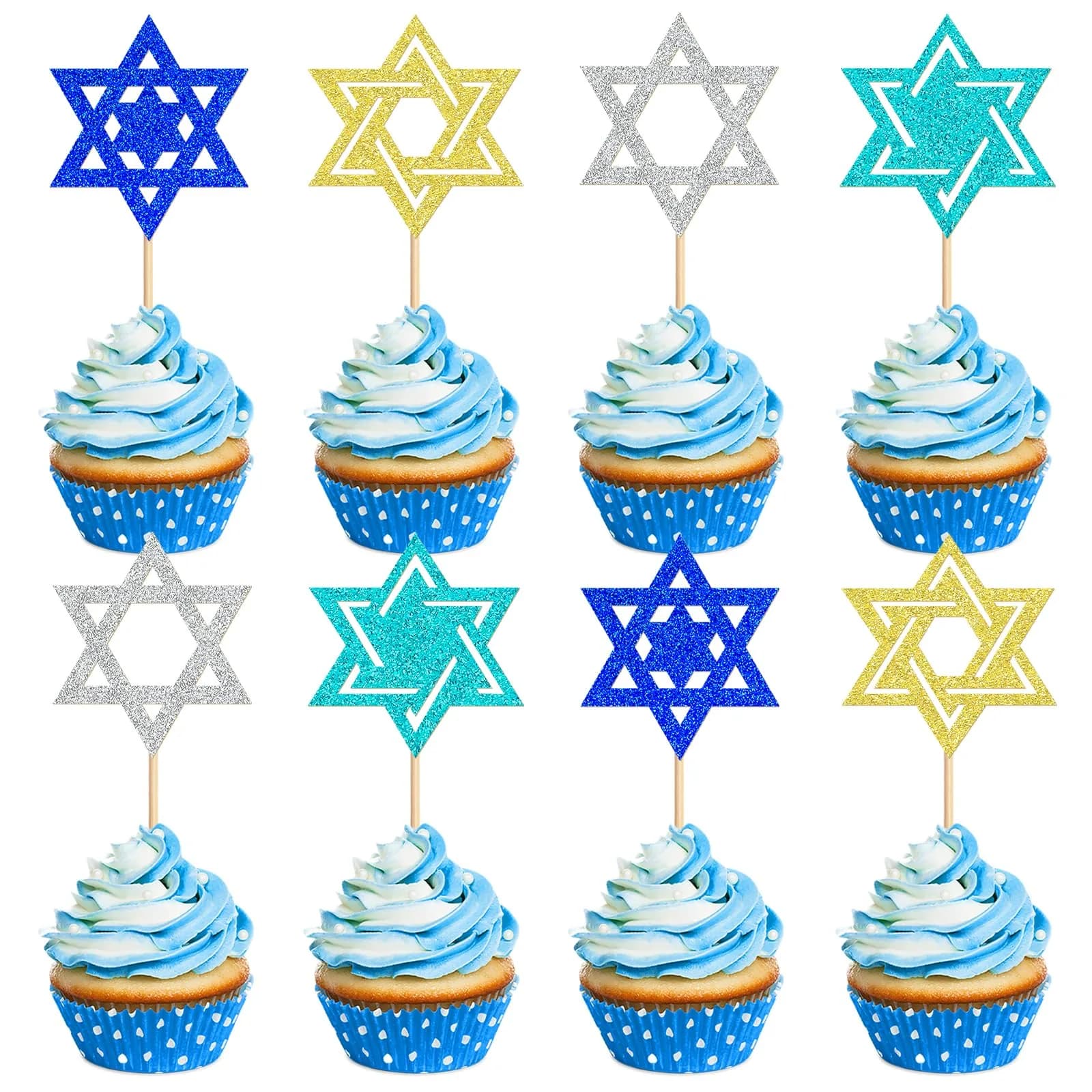 Keaziu Hanukkah Hexagram Cupcake Toppers 24 Pack | Star of David Cake Decor for Celebrations