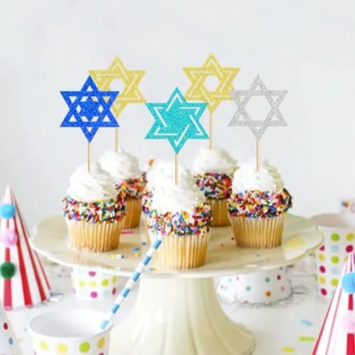 Keaziu Hanukkah Hexagram Cupcake Toppers 24 Pack | Star of David Cake Decor for Celebrations thumbnail 2