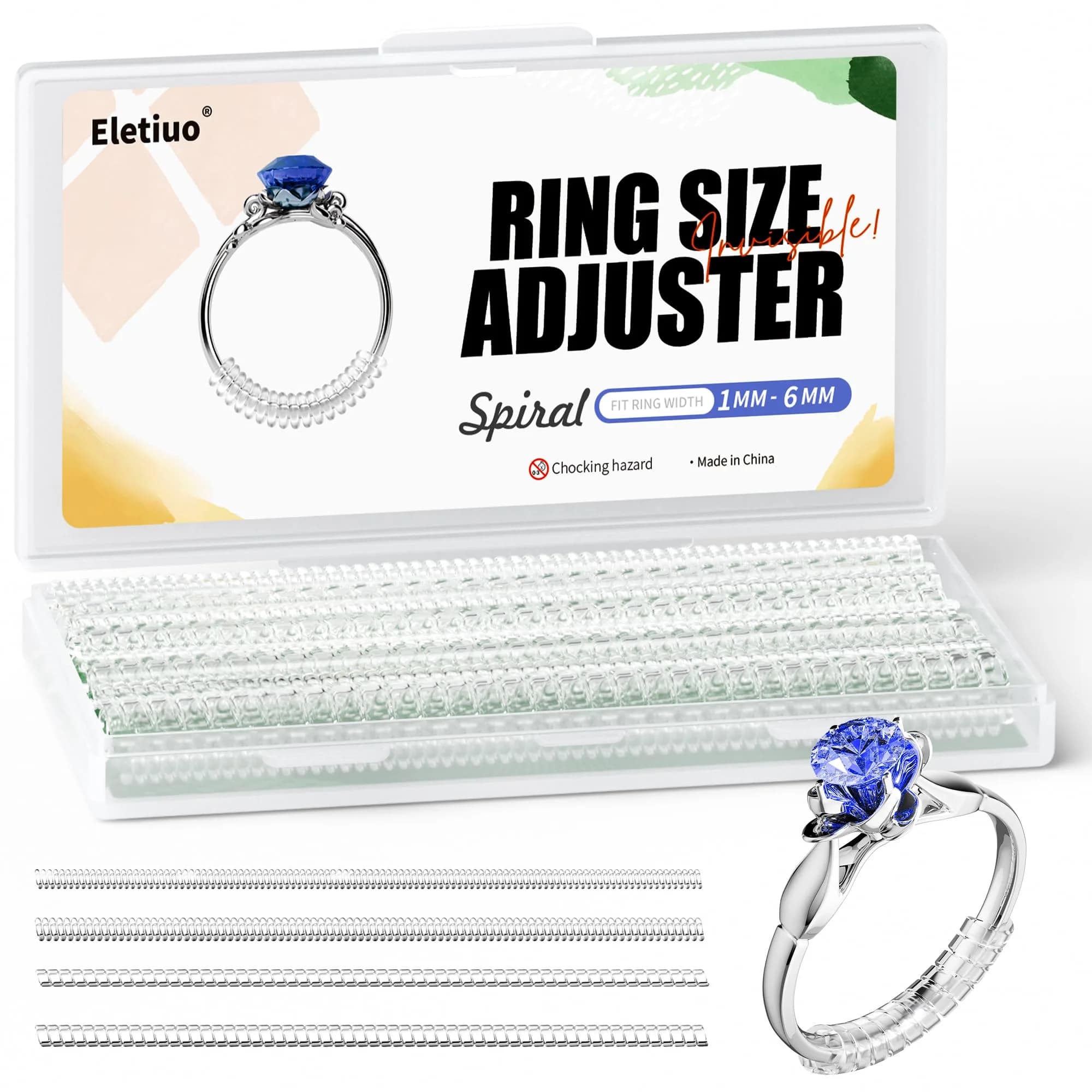 ELETIUO Ring Size Adjuster 16 Pack Invisible Silicone Guards in 4 Sizes for Loose Rings | Spiral Tighteners Resizer for Men and Women — Transparent