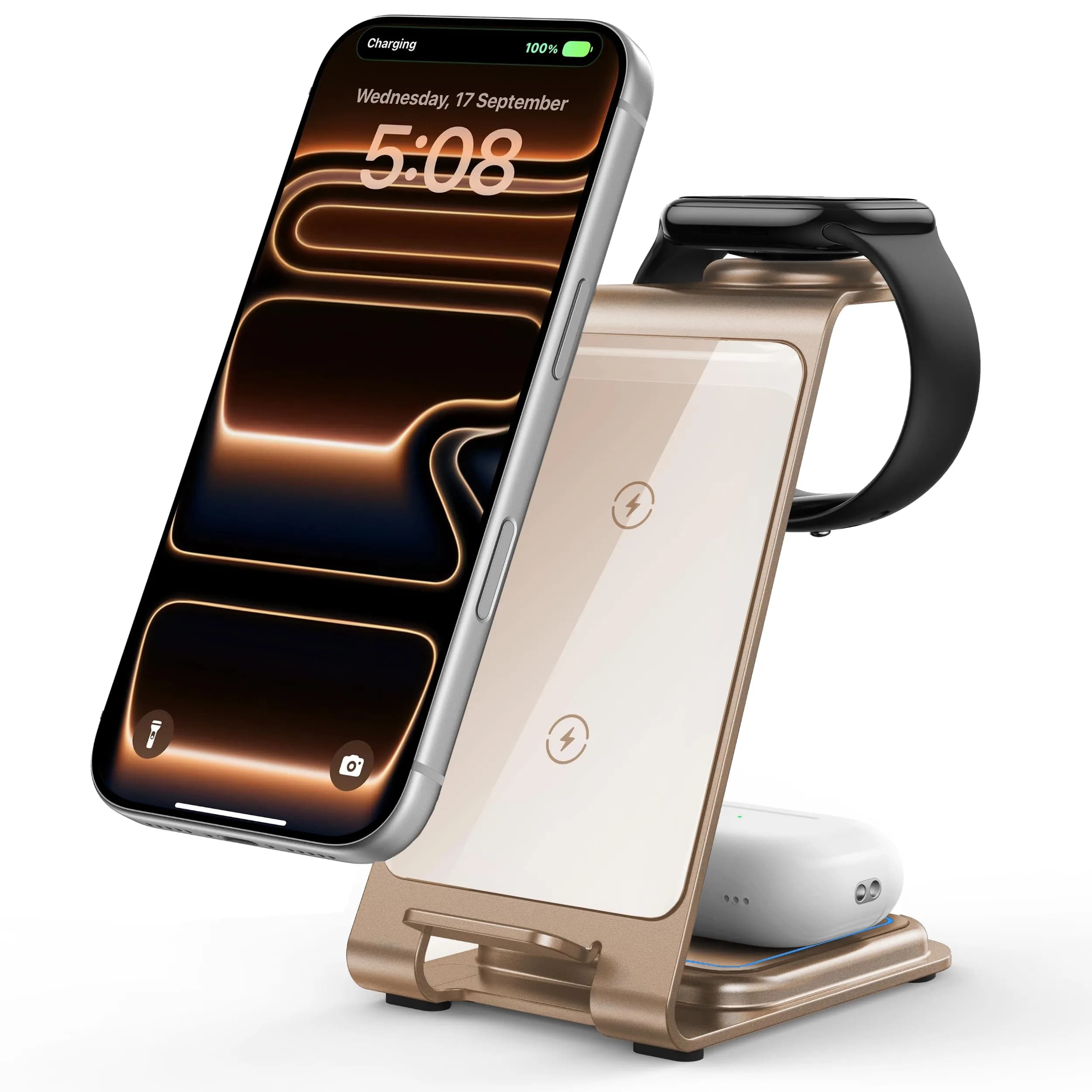 Intoval Aluminum 3 in 1 Wireless Charging Station for iPhone 17 16 15 14 13 12 11 Pro Max XR | Fast, Stable & Durable — Desert
