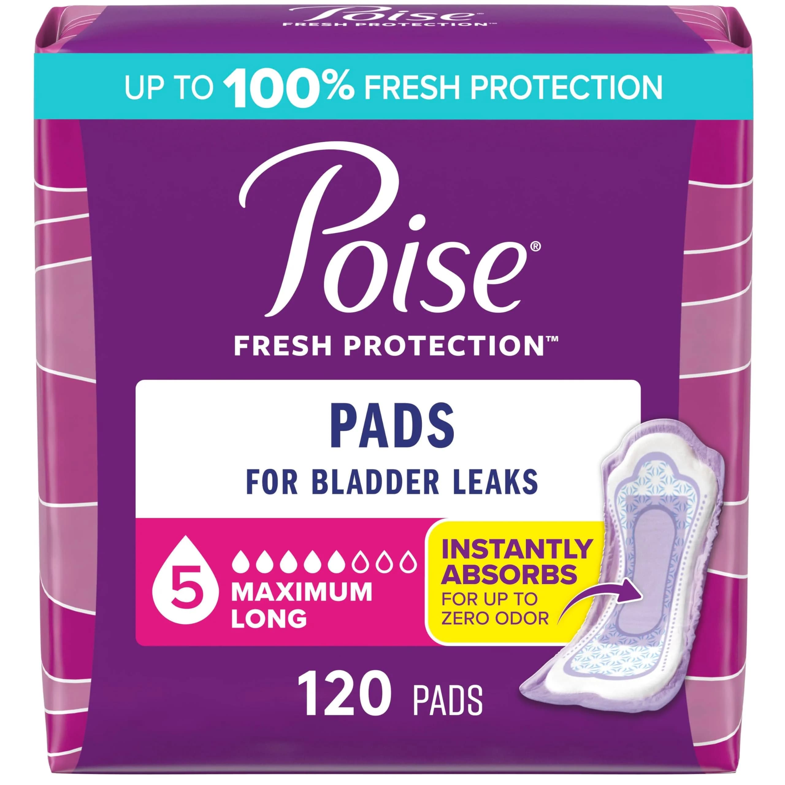 Poise Maximum Absorbency Incontinence Pads Long Length 120 Count (2 Packs of 60) | Odor Control & 12-Hour Protection