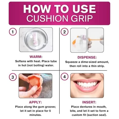 Cushion Grip Thermoplastic Denture Adhesive, 10.35ml (0.35 Fl Oz) Travel Size Pack of 5 | Refits Loose Dentures On The Go thumbnail 7