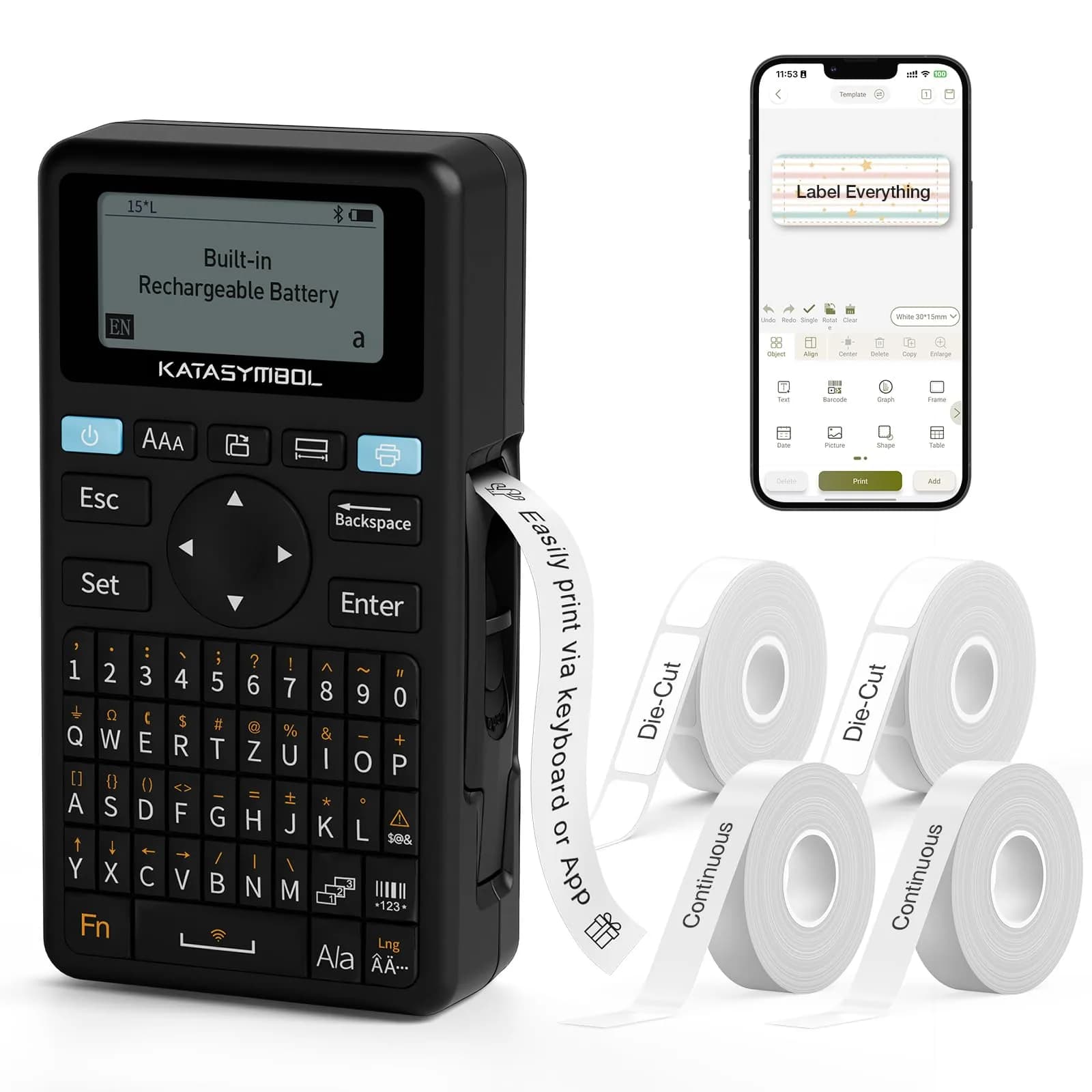 SUPVAN E11 Bluetooth Label Maker Machine with Keyboard & App, USB-C Rechargeable, Black - Includes 4 Tapes (Set 2) - main product image