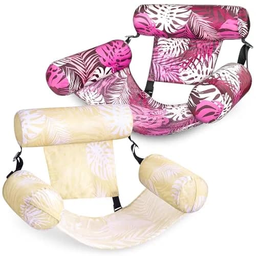 Sloosh Inflatable Pool Floats Lounge Chairs 2-Pack | Tropical Leaves-Champagne, Pink (2 Chairs) thumbnail 1