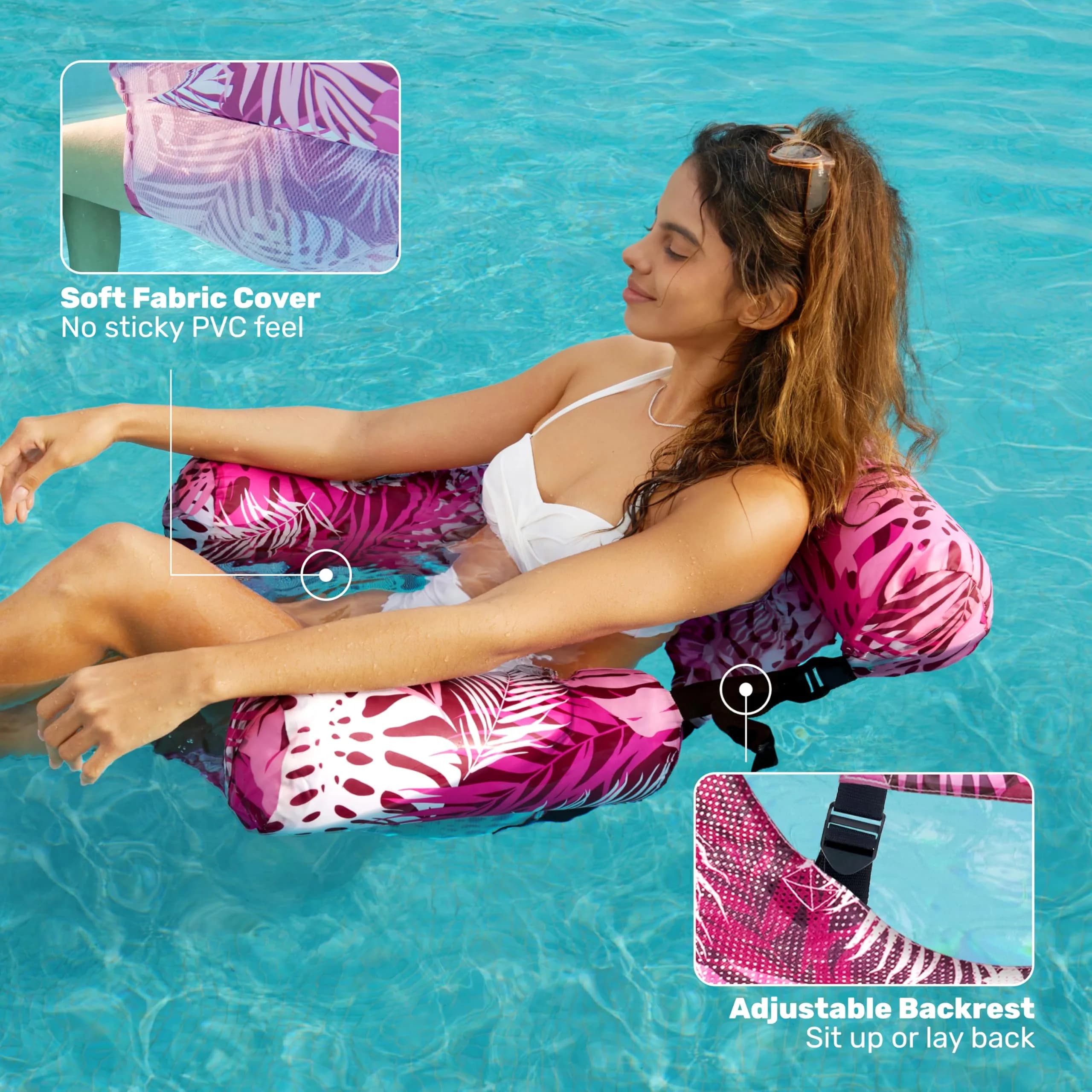 Sloosh Inflatable Pool Floats Lounge Chairs 2-Pack | Tropical Leaves-Champagne, Pink (2 Chairs) - view 4